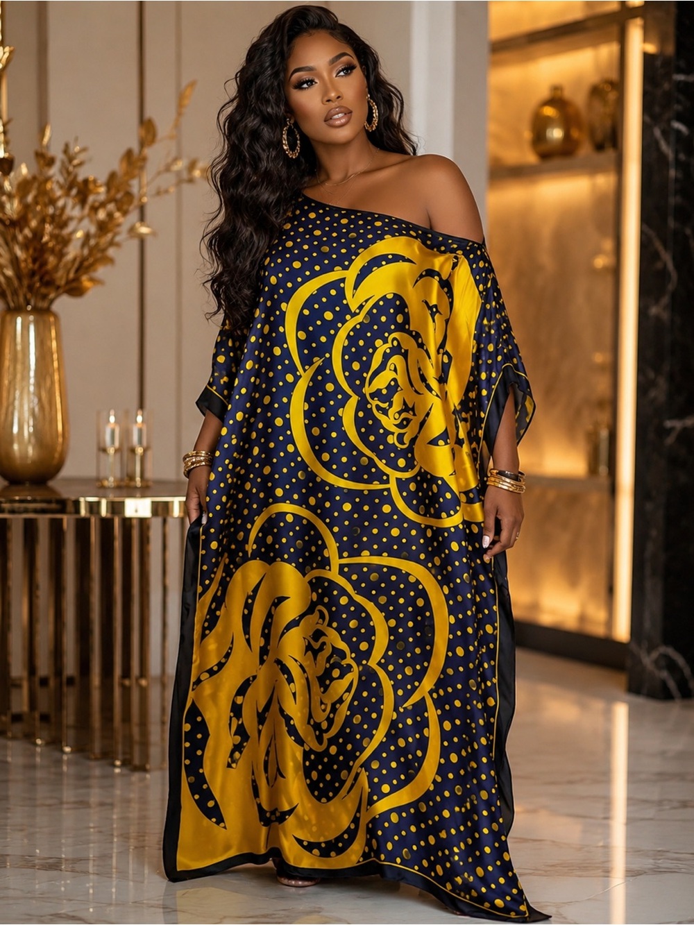 Luxe Satin Kaftan Maxi Dress & Matching Head Scarf | Blue & Yellow Polka Dot